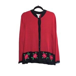 Lea Apparel Christmas Sweater Red Cardigan Women’s Sz XXL Embroidered Poinsettia